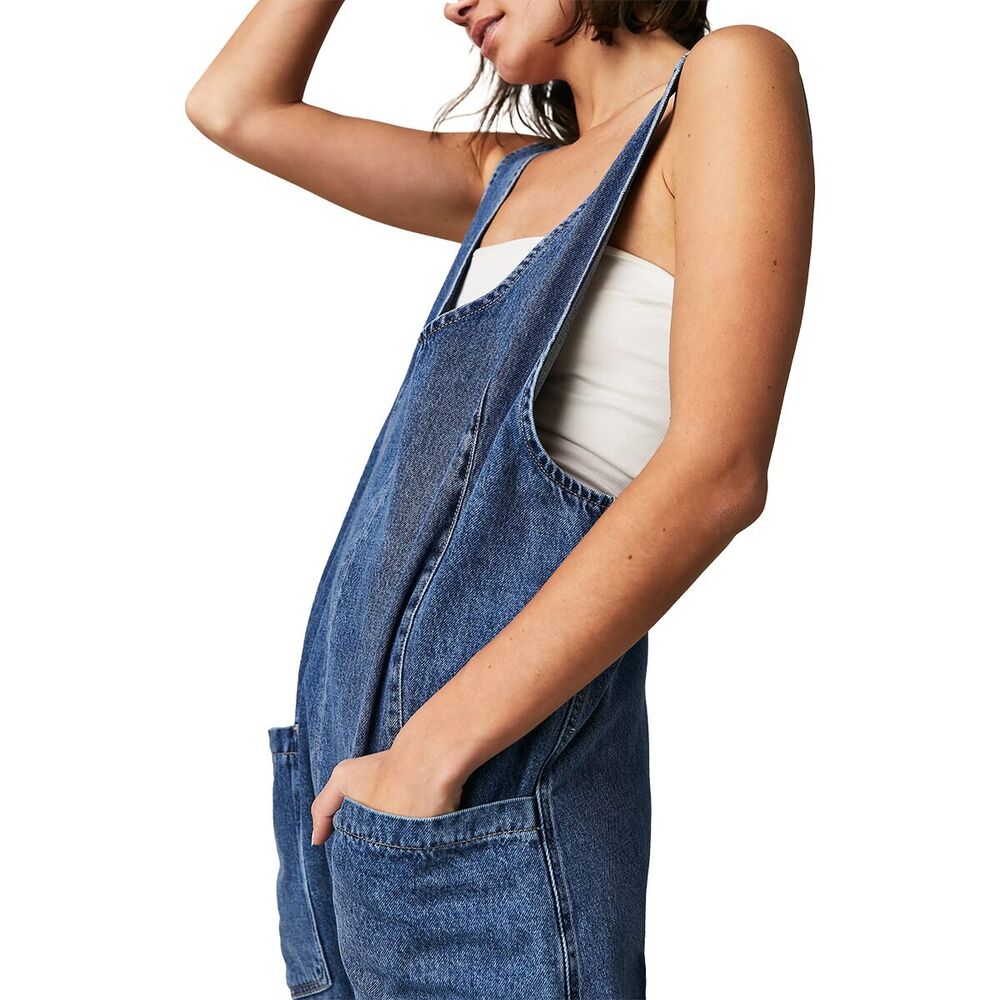 Free People We The Free Sapphire Blue Cotton High Roller Relaxed Denim Jumpsuit - Picture 5 of 10